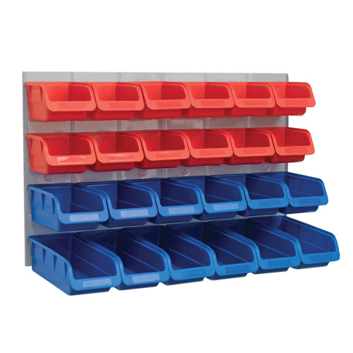 24 Plastic Storage Bins with Metal Wall Panel