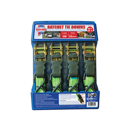 Ratchet Tie-Downs 5m x 25mm Green 4 Piece