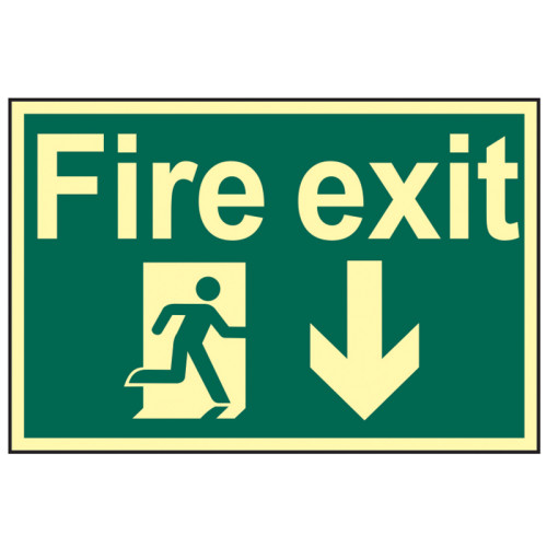 Fire Exit Running Man Arrow Down - Photoluminescent 300 x 200mm