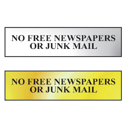 No Free Newspapers Or Junk Mail - Polished Chrome Effect 200 x 50mm