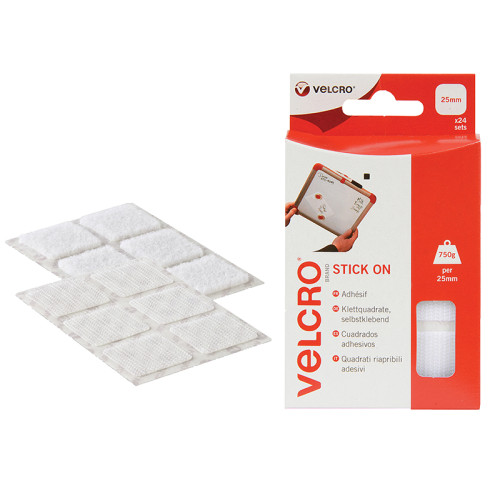 VELCRO® Brand Stick On Squares 25mm White (Pack 24)